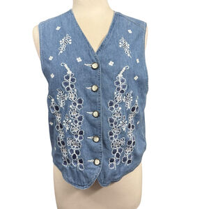 Vintage STONEBROOK Blue White Embroidered Denim Vest M